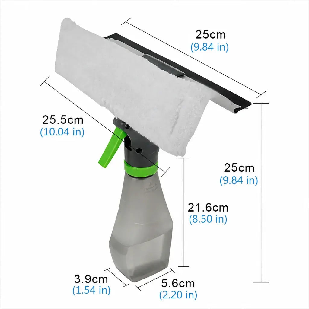 3-in-1 car window cleaning tool dimensions size guide showing 25cm head width 25.5cm depth 21.6cm bottle height and full measurements in centimeters and inches on white background
