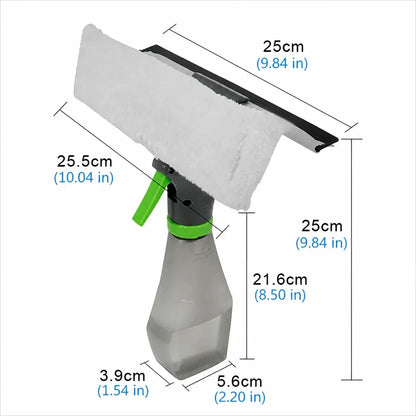 3-in-1 car window cleaning tool dimensions size guide showing 25cm head width 25.5cm depth 21.6cm bottle height and full measurements in centimeters and inches on white background