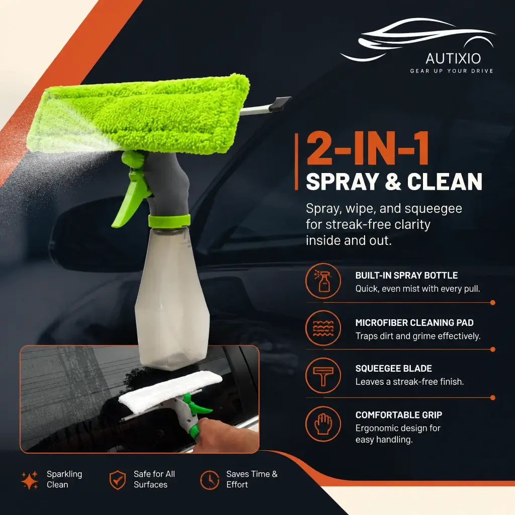 3-in-1 car window cleaning tool green microfiber pad spray bottle and squeegee blade infographic showing built-in spray microfiber pad squeegee and ergonomic comfortable grip