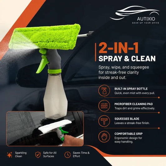 3-in-1 car window cleaning tool green microfiber pad spray bottle and squeegee blade infographic showing built-in spray microfiber pad squeegee and ergonomic comfortable grip