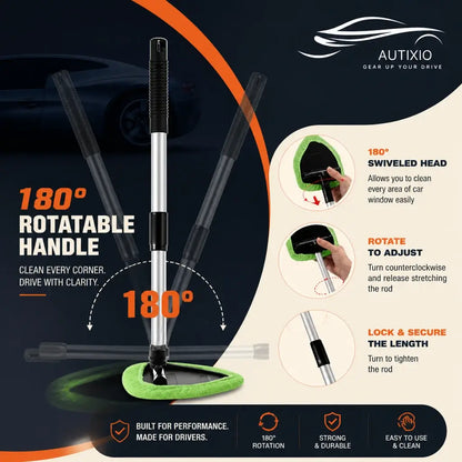 Close-up of the car windshield cleaning kit swivel head turning a full 180 degrees. The extendable handle stretches from 33cm to 47.5cm, and you lock it at whatever length you need.