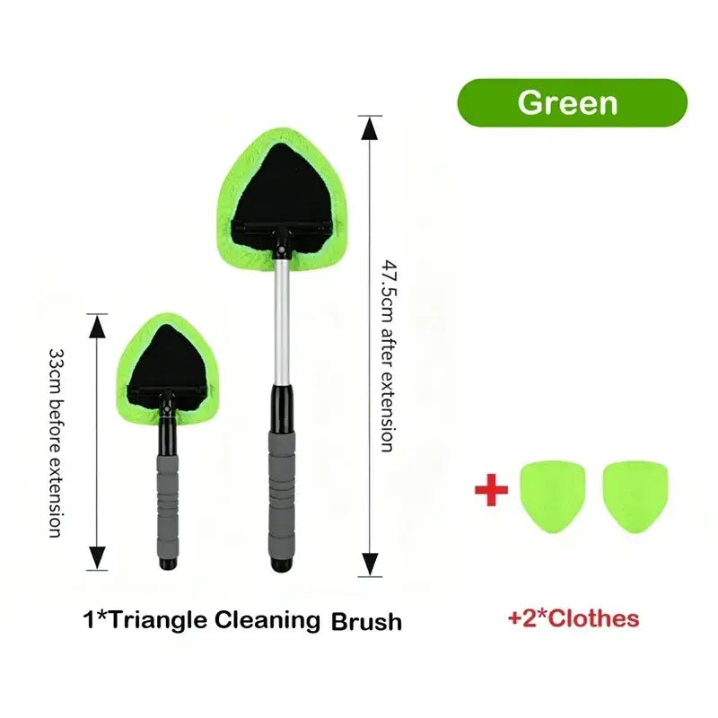Green 3-piece car windshield cleaning kit shown as a complete set: one triangle brush, the extendable handle (33 to 47.5cm), and two green microfiber pads.