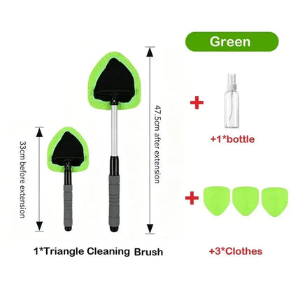 The full green 5-piece car windshield cleaning kit shown together in one shot: triangle brush, extendable handle, one spray bottle, and three green microfiber pads.