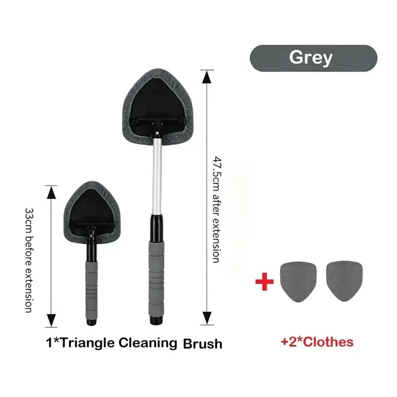 Grey 3-piece car windshield cleaning kit laid out flat: one triangle brush, the extendable handle at 33 to 47.5cm, and a pair of grey microfiber pads.
