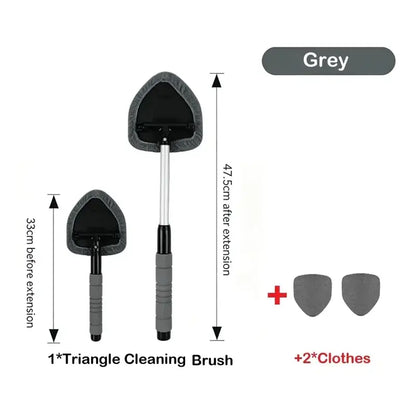 Grey 3-piece car windshield cleaning kit laid out flat: one triangle brush, the extendable handle at 33 to 47.5cm, and a pair of grey microfiber pads.