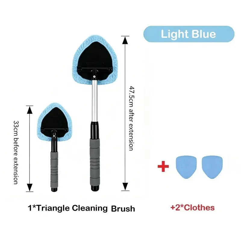 Light blue 3-piece car windshield cleaning kit displayed together: the triangle brush, a 33-47.5cm extendable handle, and a pair of light blue microfiber pads.