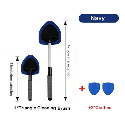Navy 3-piece car windshield cleaning kit, with the triangle brush, a 33-47.5cm extendable handle, and a pair of navy microfiber pads displayed together.