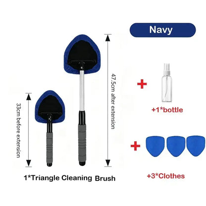 The navy 5-piece Car Windshield Cleaning Kit, one triangle brush, an extendable handle, one spray bottle, and three navy microfiber pads all in the set.