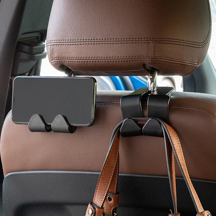 Car seat hooks installation process showing headrest removal and hook sliding steps