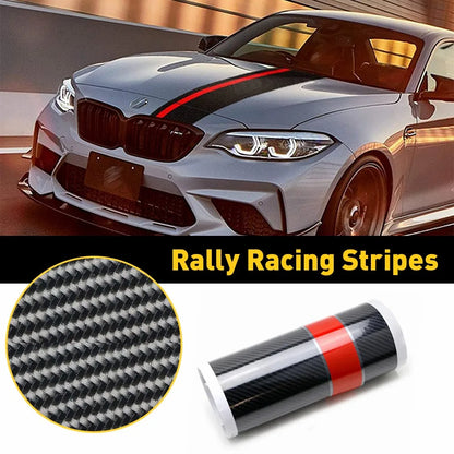 Carbon fiber rally racing stripes with red accent installed on hood of car, shown with texture and rolled kit