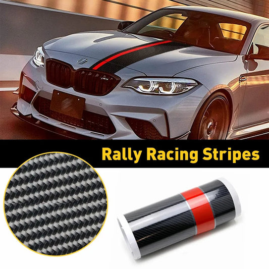 Carbon fiber rally racing stripes with red accent installed on hood of car, shown with texture and rolled kit