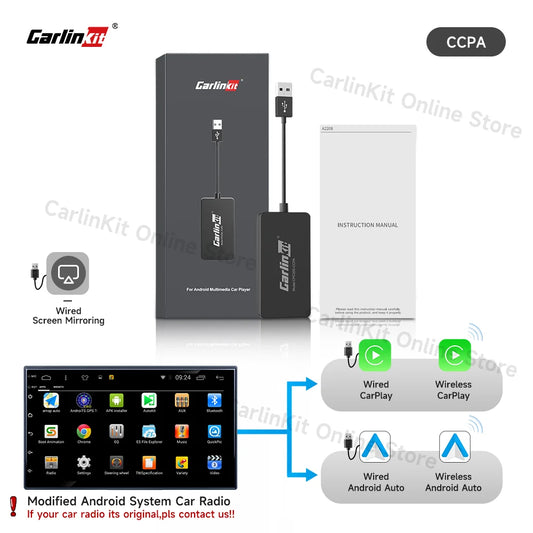 Carlinkit dongle features including wireless CarPlay, Android Auto, and wired screen mirroring for Android