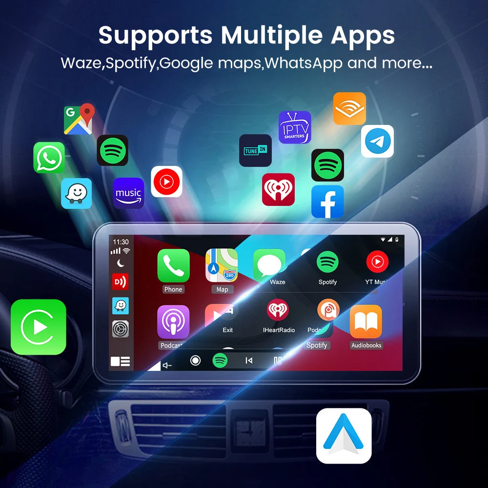 Carlinkit dongle displaying support for multiple apps like Waze, Spotify, Google Maps, WhatsApp, and more