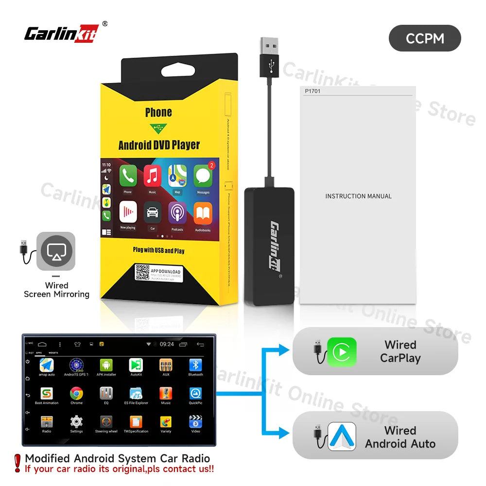 Carlinkit wired CarPlay and Android Auto USB dongle with screen mirroring support for Android DVD players