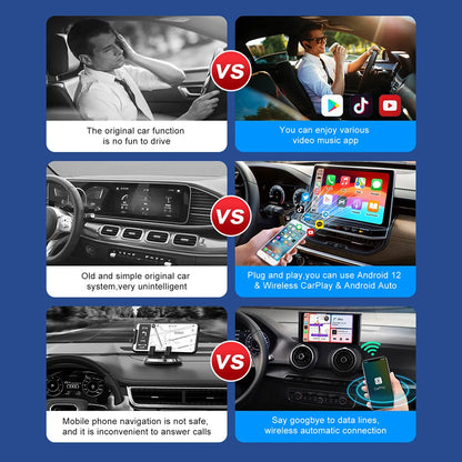 Side-by-side comparison showing the benefits of upgrading to a wireless CarPlay and Android Auto system versus old factory car systems
