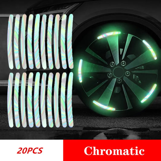 20 chromatic reflective strips applied on a car wheel for enhanced night visibility and rim decoration