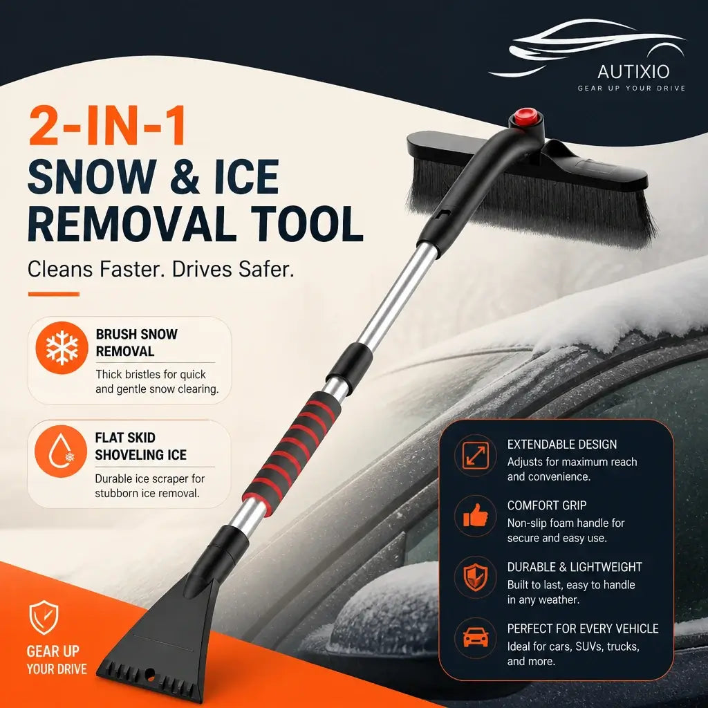 2-in-1 snow brush and ice scraper tool with extendable design and non-slip foam handle