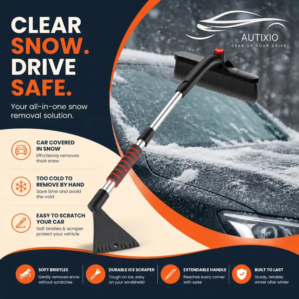 Snow brush and ice scraper clearing thick snow off a car windshield in winter conditions
