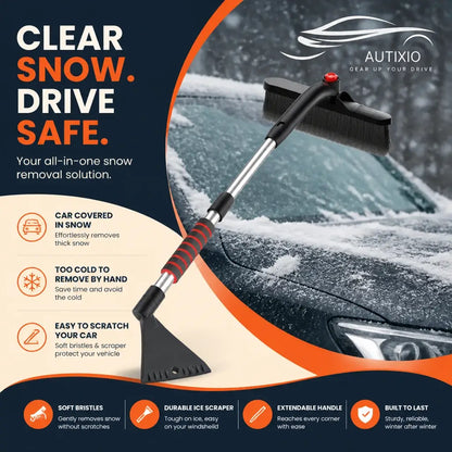 Snow brush and ice scraper clearing thick snow off a car windshield in winter conditions