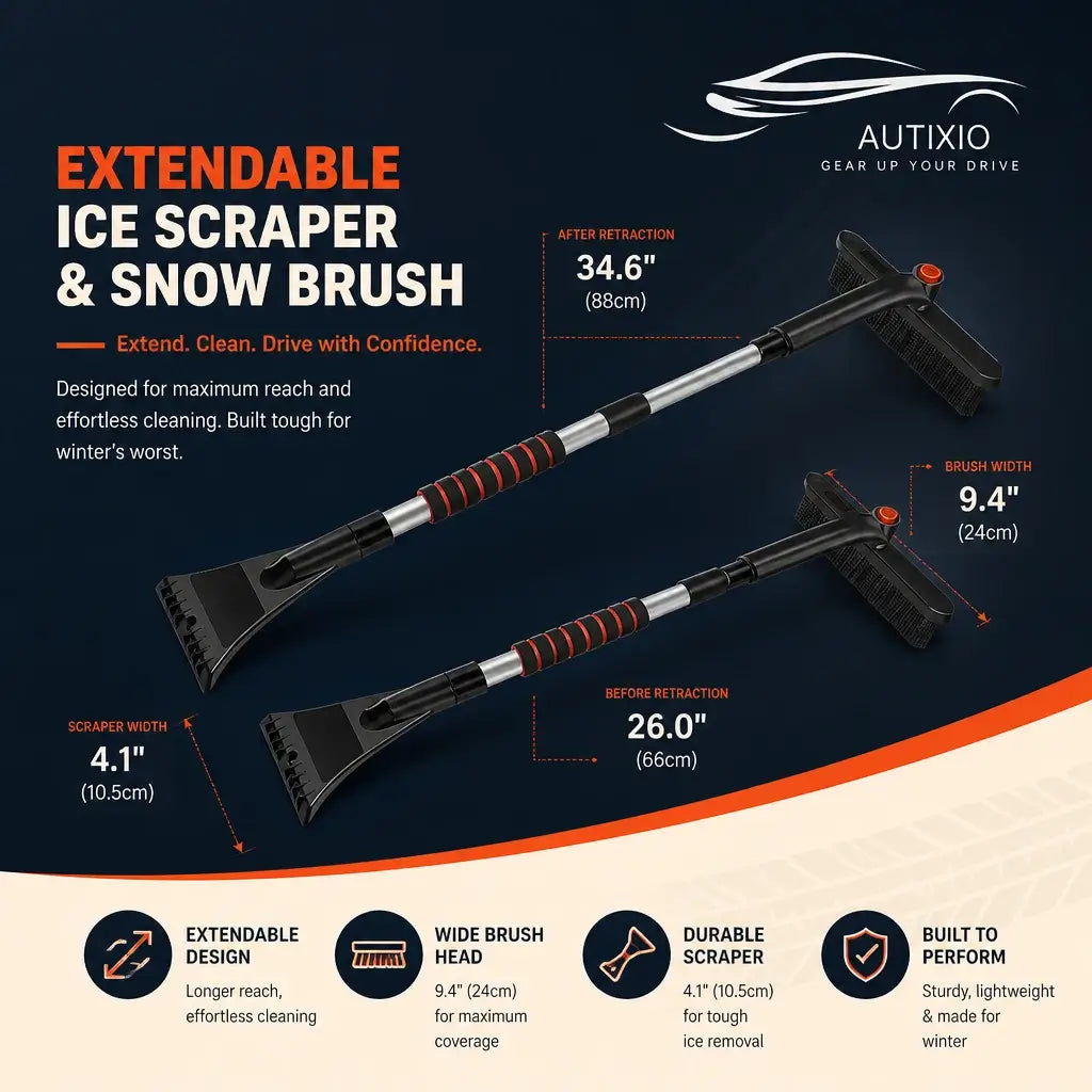 Extendable ice scraper and snow brush dimensions – extends from 26 inches to 34.6 inches, 9.4 inch brush width