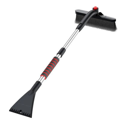 Collapsible car snow shovel and ice scraper with foam handle and telescoping metal shaft, product photo on white background