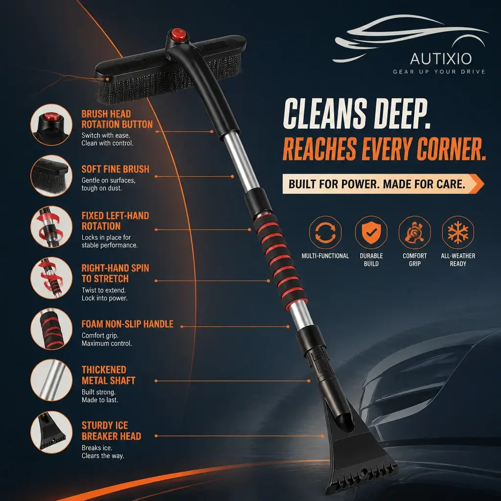 Car snow brush rotating head, soft fine bristles, thickened metal shaft, and sturdy ice breaker head features