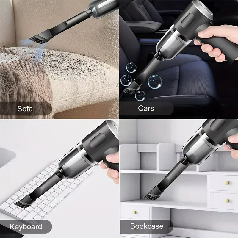 Vacuum usage demonstrations on sofa car keyboard and bookcase
