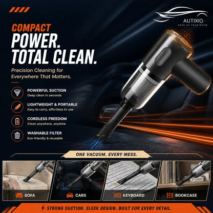 Vacuum usage demonstrations on sofa car keyboard and bookcase