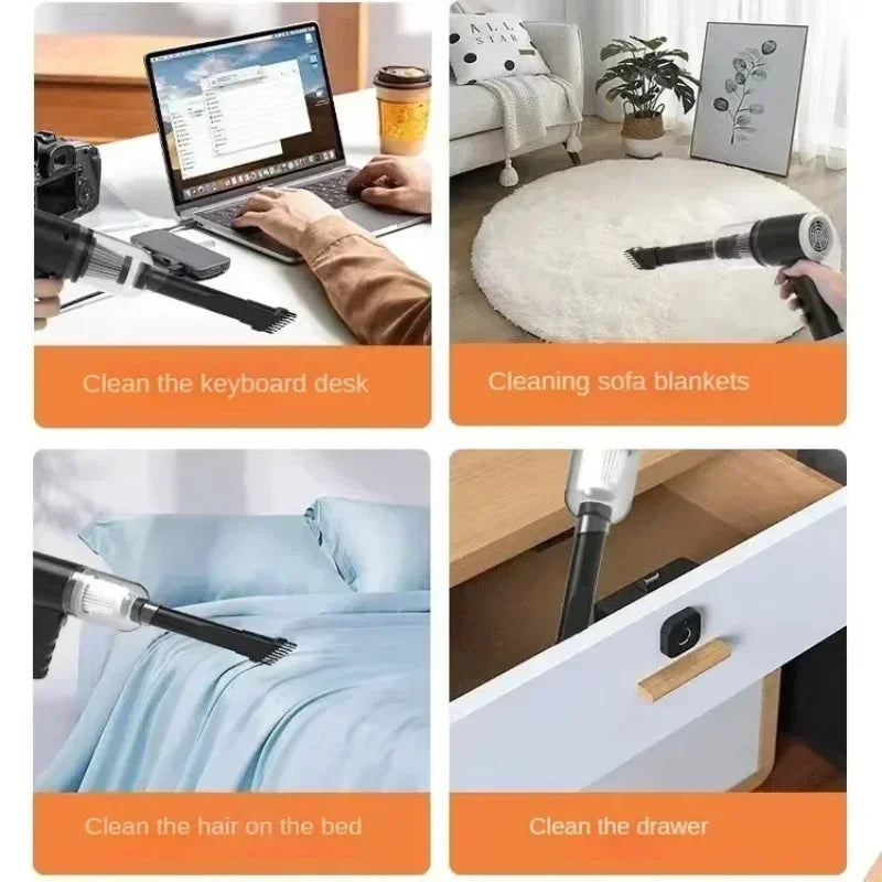 Compact vacuum used on keyboard desk, sofa blankets, bed, and drawer cleaning
