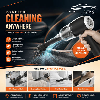Compact vacuum used on keyboard desk, sofa blankets, bed, and drawer cleaning
