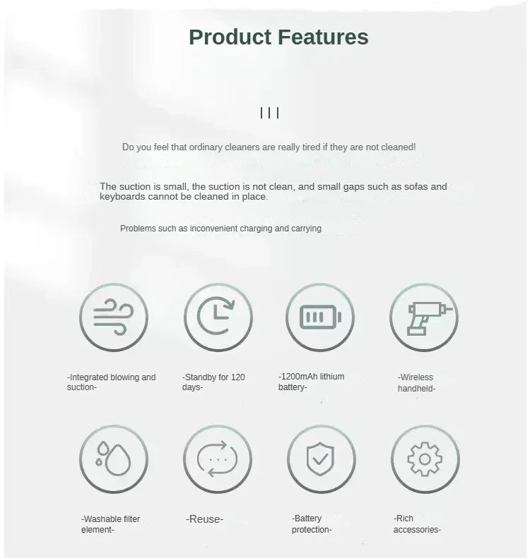 Product features including blowing suction battery protection and washable filter