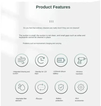 Product features including blowing suction battery protection and washable filter