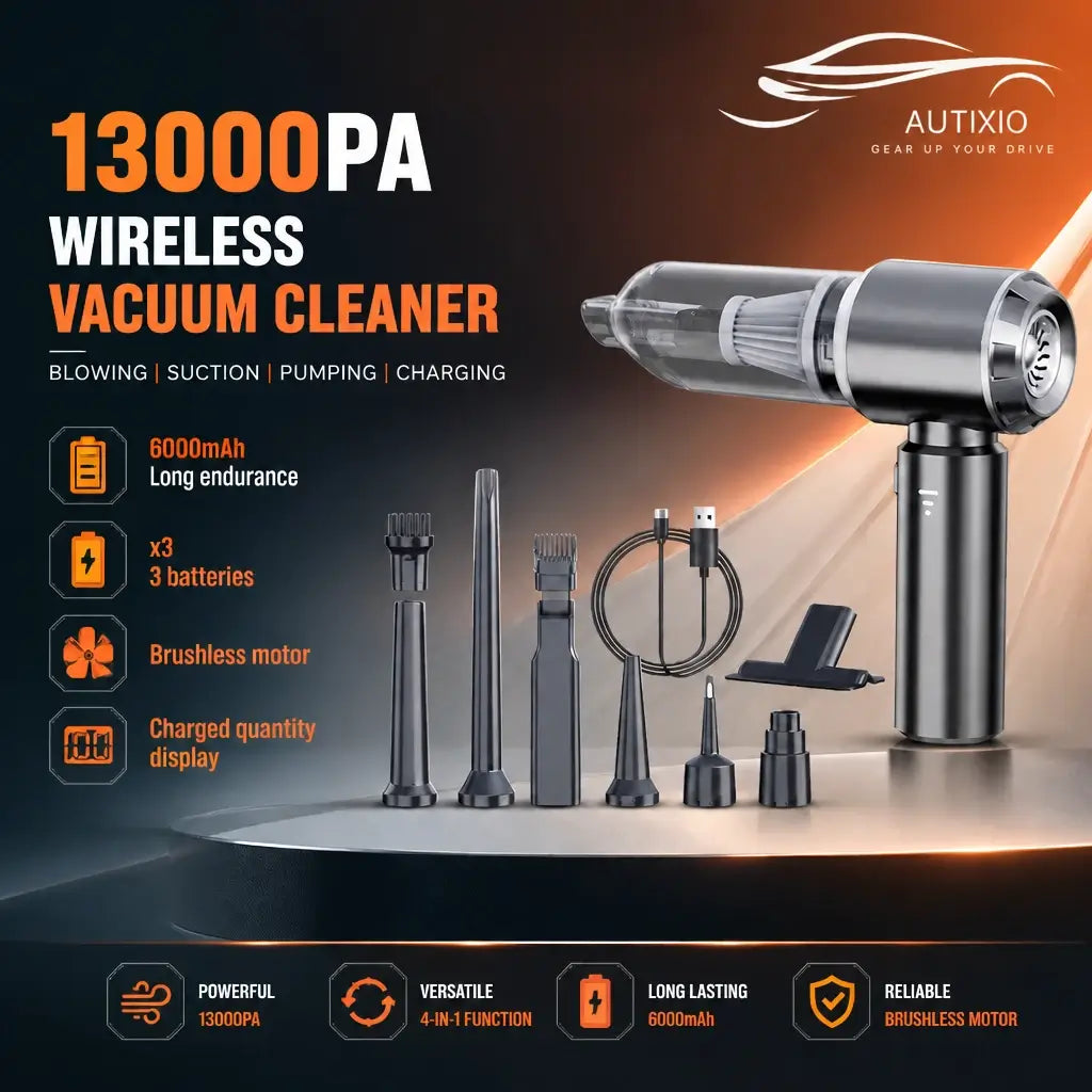 13000Pa cordless car vacuum with 8 attachments, USB cable, and stand — dark grey, 6000mAh brushless motor