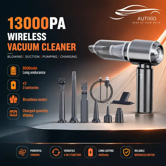 13000Pa cordless car vacuum with 8 attachments, USB cable, and stand — dark grey, 6000mAh brushless motor