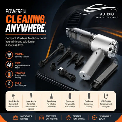 Silver cordless vacuum flatlay with 8 nozzle and brush attachments, USB cable — blue studio background