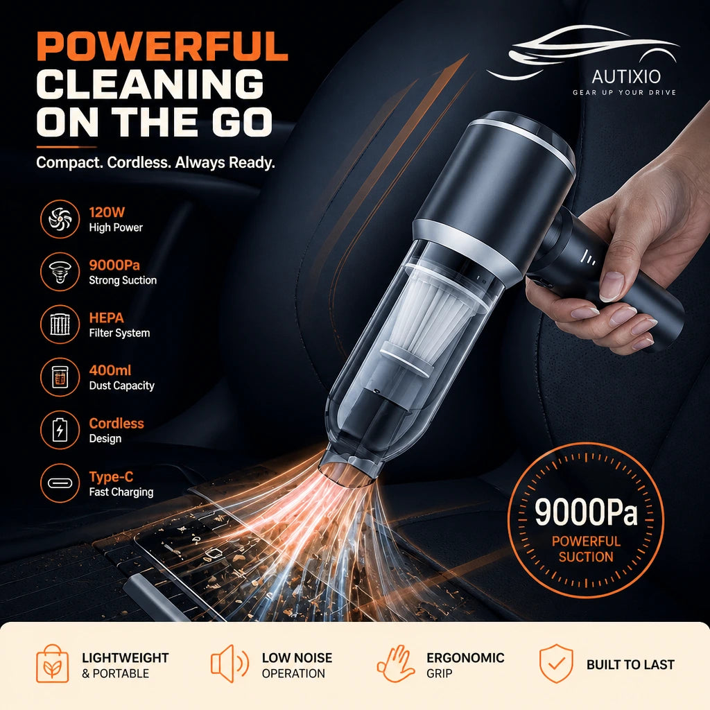 Hand holding cordless car vacuum cleaning car seat floor mat with visible suction effect