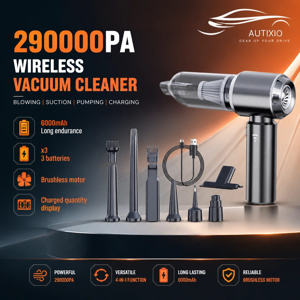 29000Pa cordless car vacuum with 8 attachments, USB cable, and stand — dark grey, 6000mAh brushless motor