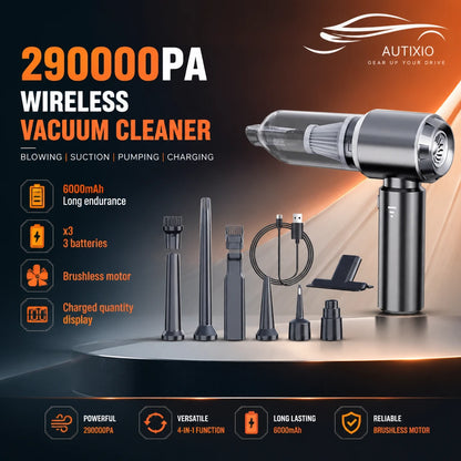 29000Pa cordless car vacuum with 8 attachments, USB cable, and stand — dark grey, 6000mAh brushless motor