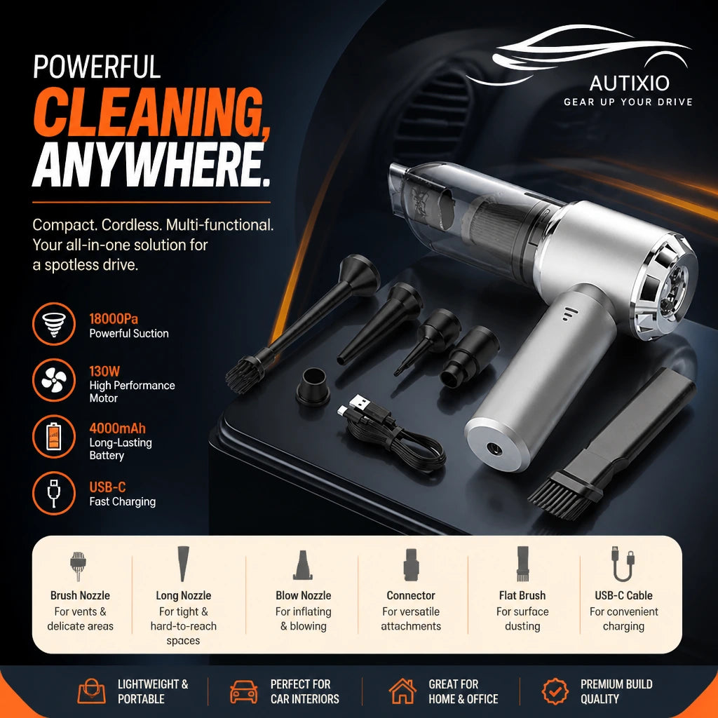 Silver cordless vacuum flatlay with 8 nozzle and brush attachments, USB cable — blue studio background