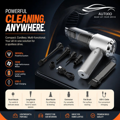 Silver cordless vacuum flatlay with 8 nozzle and brush attachments, USB cable — blue studio background