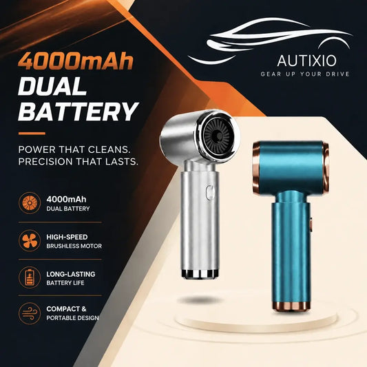 Cordless car vacuum 4000mAh dual battery showing silver and teal color variants with copper motor accents