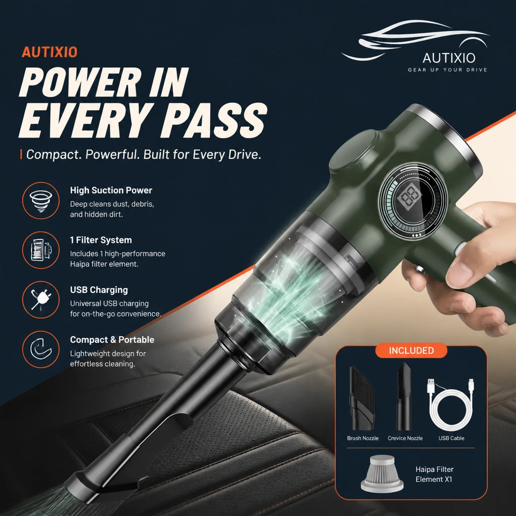 Cordless handheld vacuum held in hand with a single filter system, USB charging, and compact portable design with included accessories