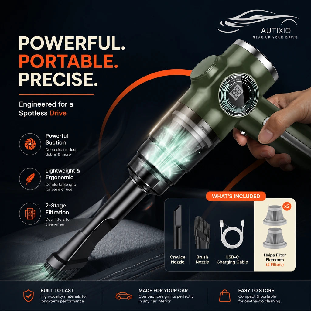 Cordless portable vacuum highlighting a lightweight ergonomic design, 2-stage filtration with included attachments and features