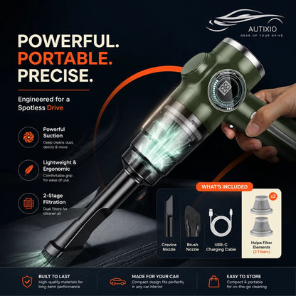Cordless portable vacuum highlighting a lightweight ergonomic design, 2-stage filtration with included attachments and features