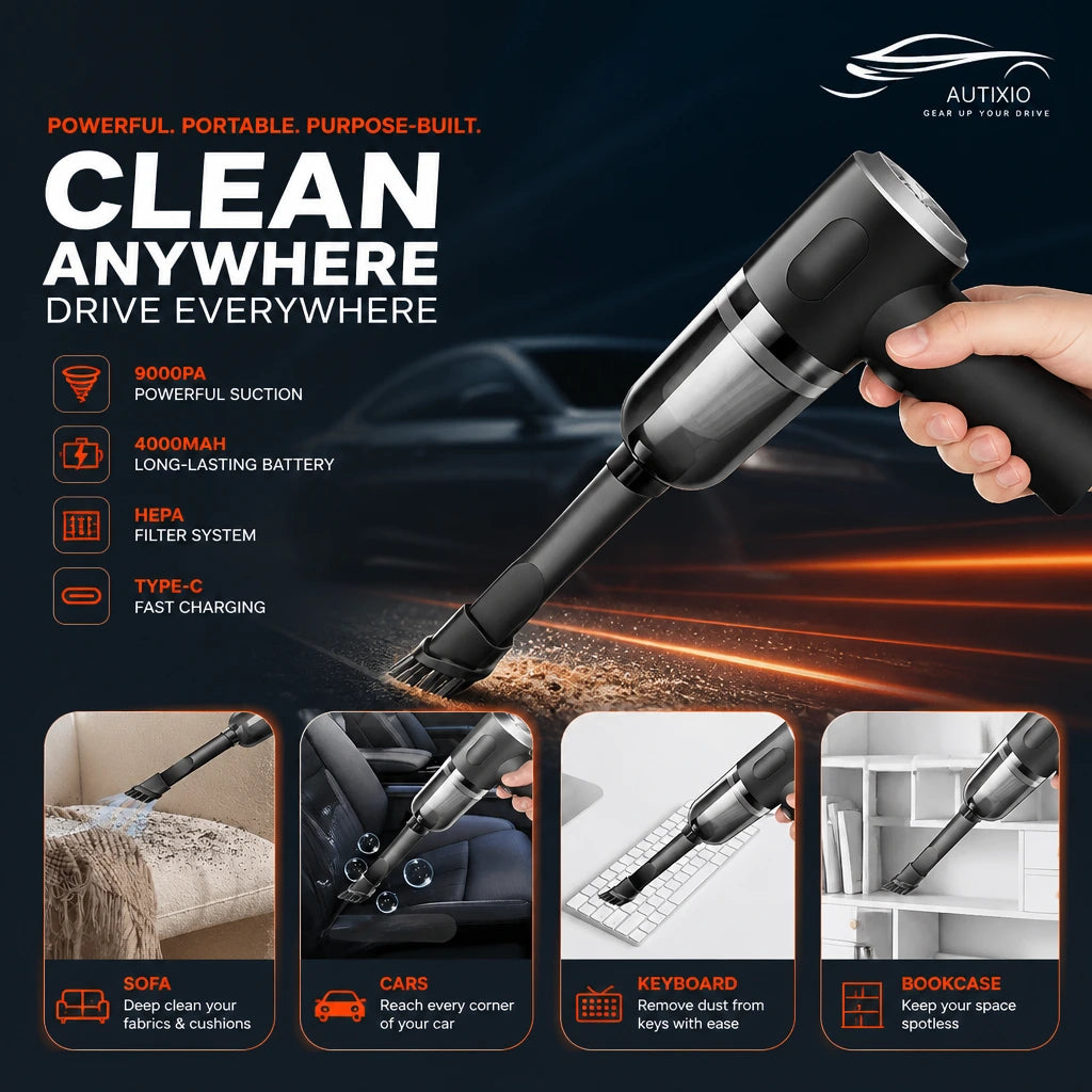 4-use collage: cordless vacuum cleaning sofa, car interior, keyboard and bookcase