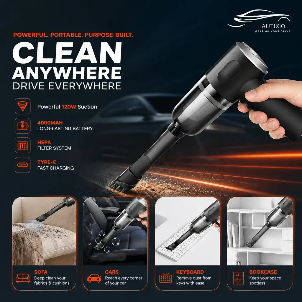4-use collage: cordless vacuum cleaning sofa, car interior, keyboard and bookcase