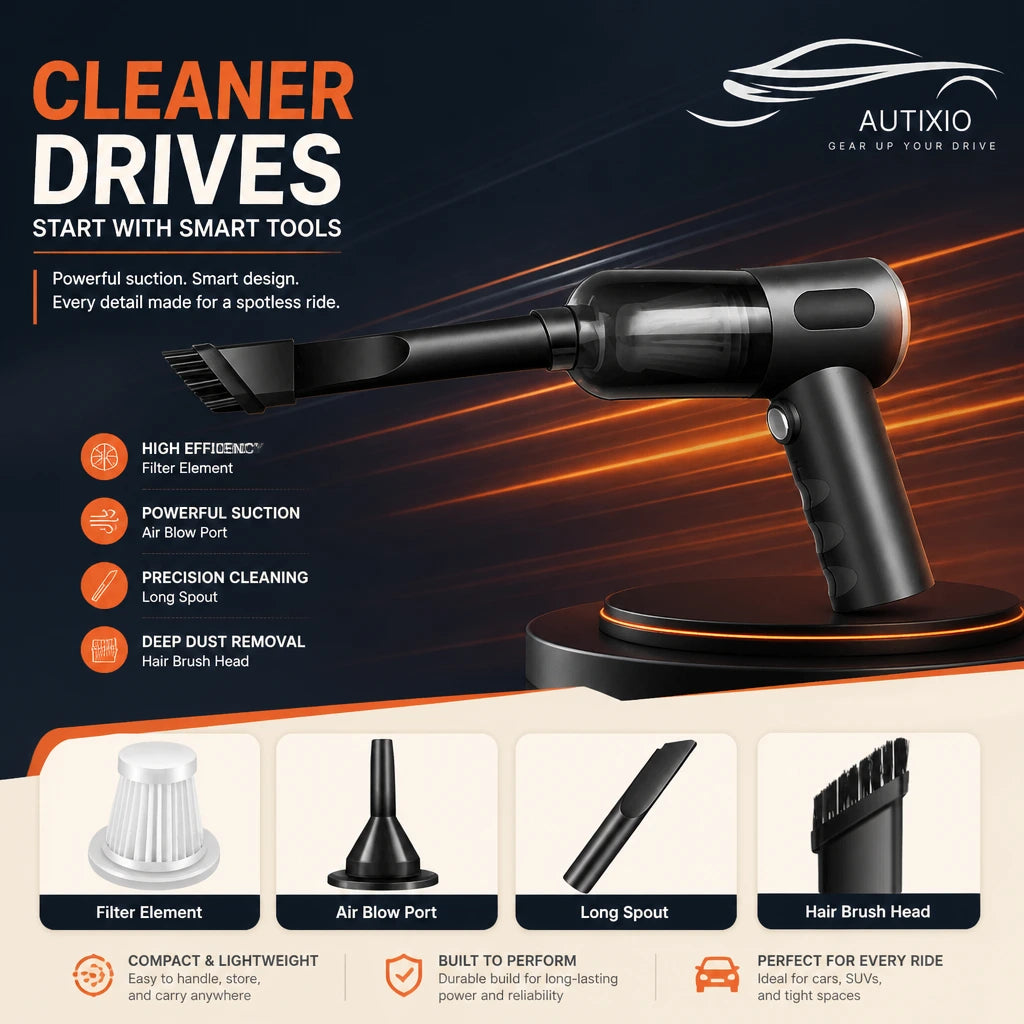 Cordless vacuum with long spout in living room showing 4 labeled parts: filter, air blow port, long spout and hair brush