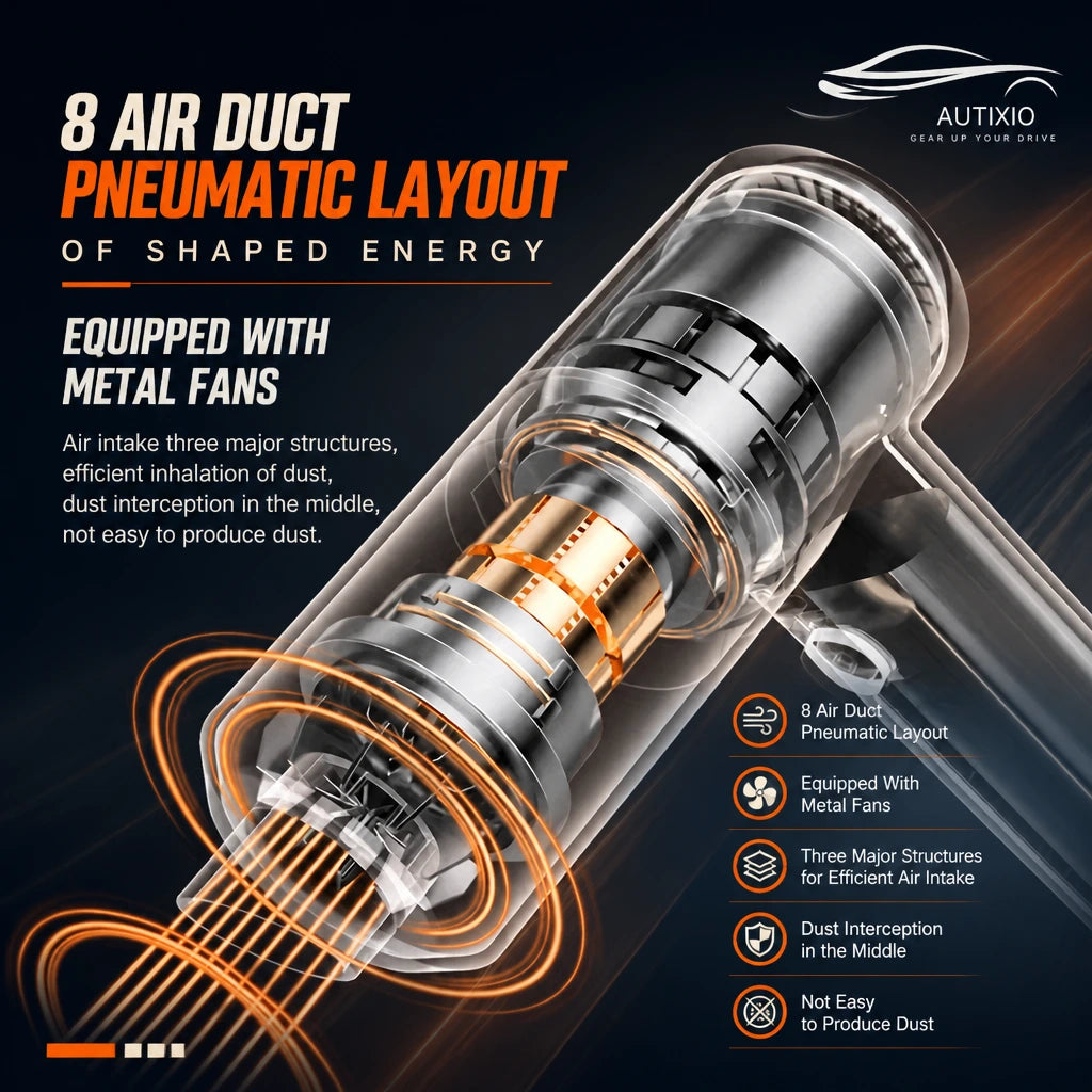 Cutaway showing metal fan internals and 8 air duct pneumatic layout for 120W suction power