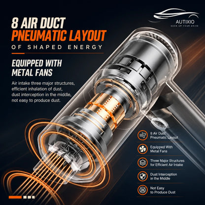 Cutaway showing metal fan internals and 8 air duct pneumatic layout for 120W suction power