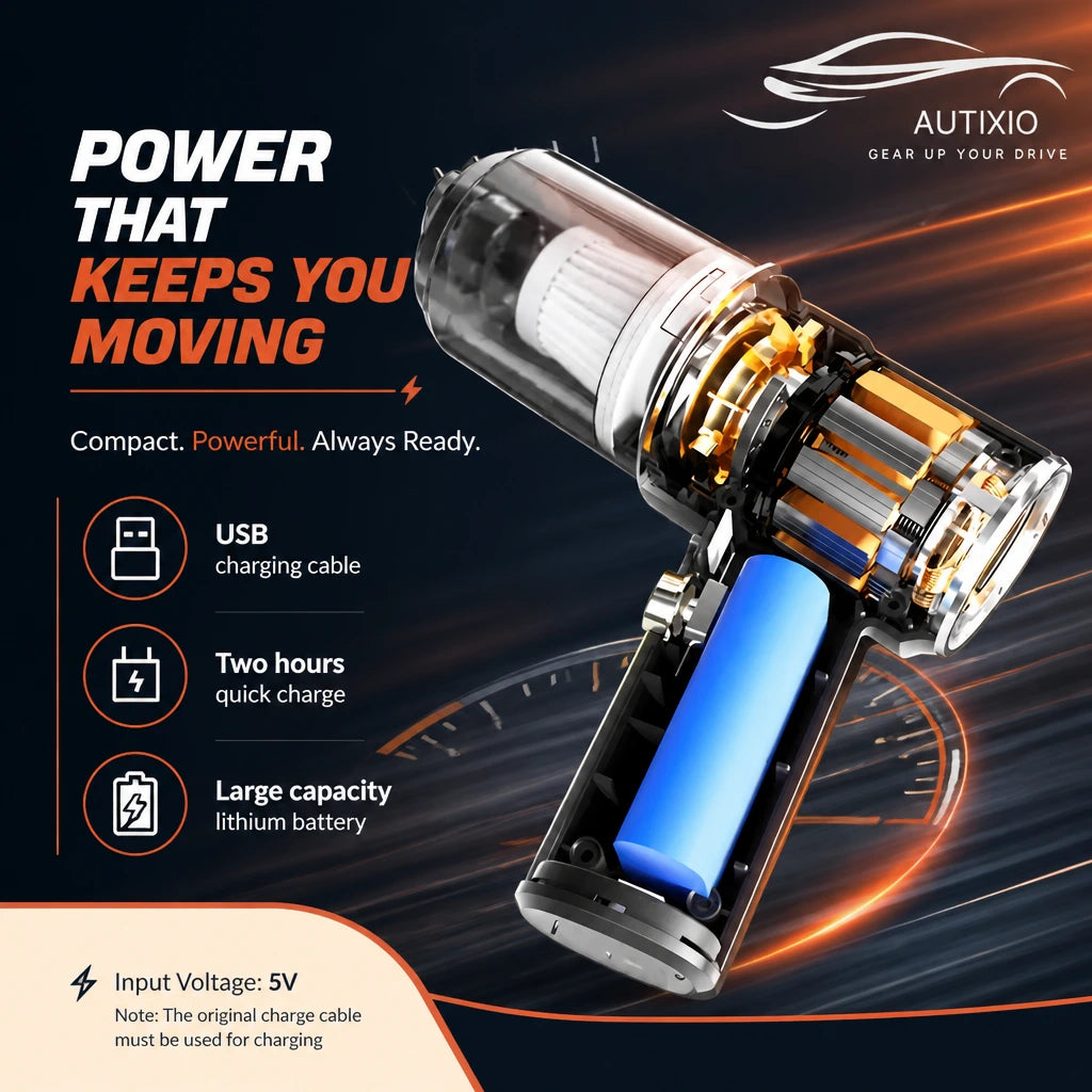 USB charging port callout, 2-hour quick charge feature and lithium battery cutaway with 5V input spec